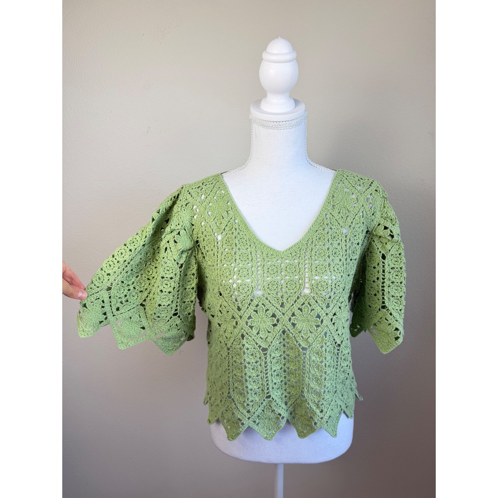 Solitaire Womens Crochet Top S Sage Green Granny Square Boho Open Knit Fairycore